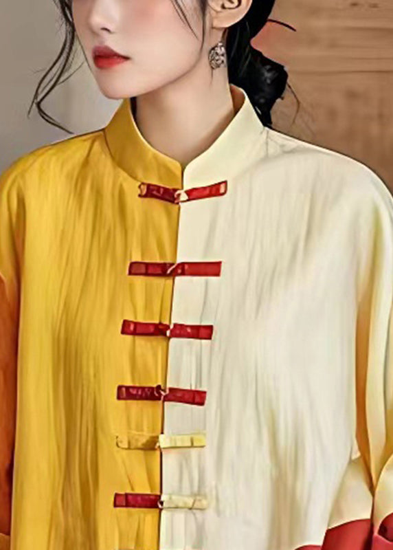 Yellow Chinese Button Patchwork Linen Top Summer