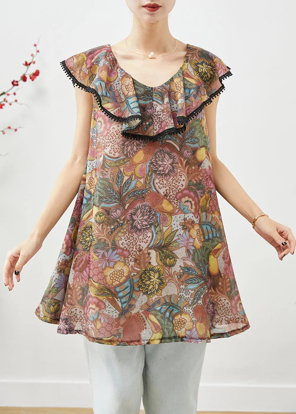 Brown Ruffled Print Cotton Blouses Summer