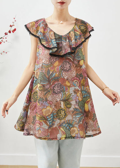 Brown Ruffled Print Cotton Blouses Summer