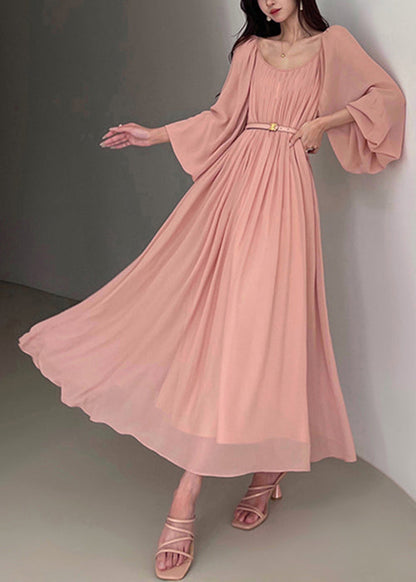 Pink Wrinkled Lace Up Chiffon Maxi Dresses Spring