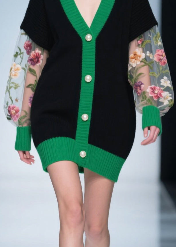 Black Print Patchwork Tulle Knitwear Dress Fall