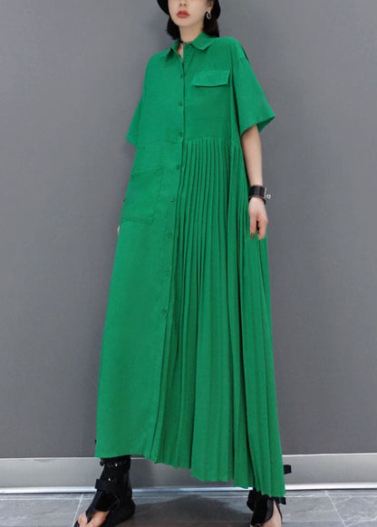 Unique Green Asymmetrical Wrinkled Pocket Shirt Dress Spring