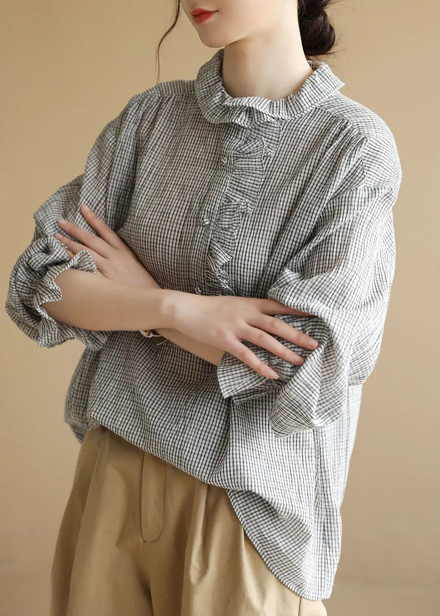 Black White Peter Pan Collar Ruffled Plaid Cotton Shirt Top Long Sleeve