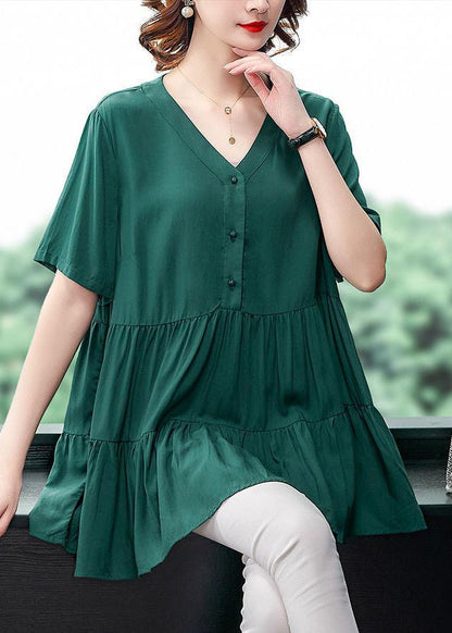 Unique Green V Neck Wrinkled Ruffles Button Shirt Top Short Sleeve