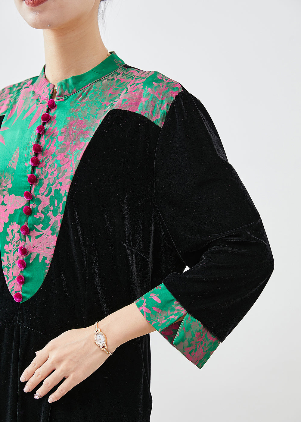 Black Mandarin Collar Patchwork Silk Velour Dresses Fall