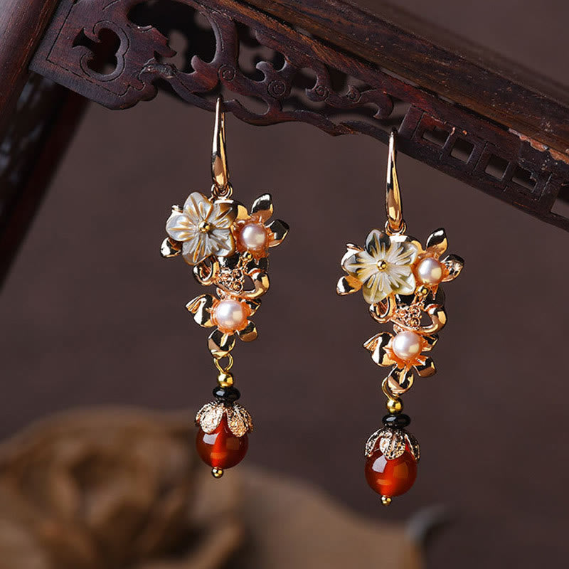 Buddha Stones 14k Gold Plated Tridacna Stone Flower Pearl Green Aventurine Bead Drop Earrings