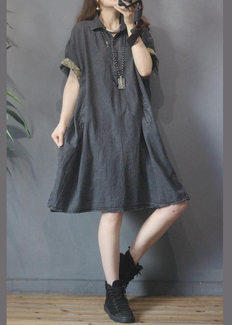 Black Grey Turn-down Collar Button Summer Maxi Dresses