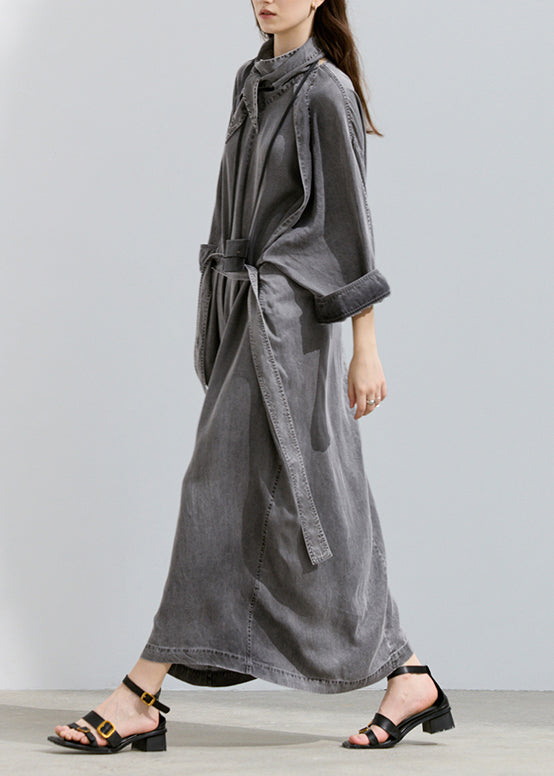 Grey Turtle Neck Pockets Lace Up Denim Long Dresses Fall