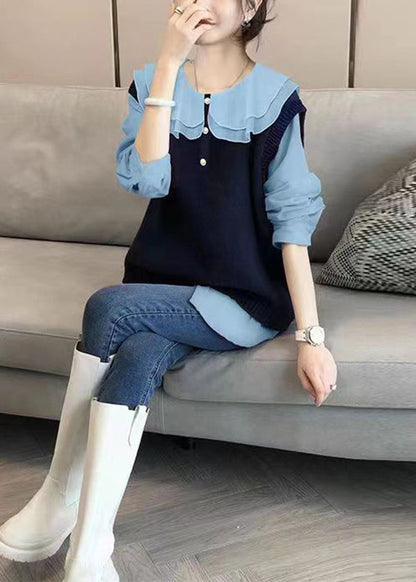 Autumn New Shirt Top and Knitted Vest Two Piece Loose