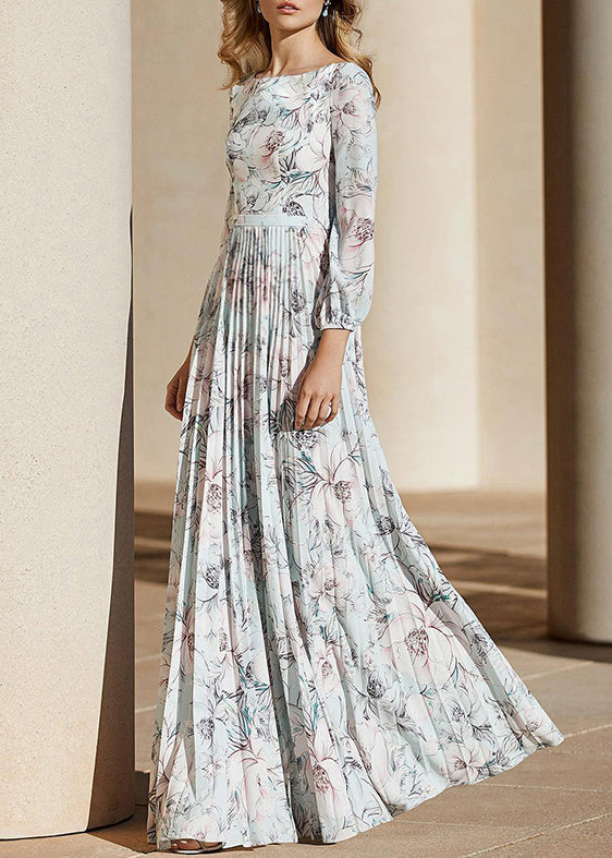 Light Blue Print Wrinkled Chiffon Ankle Dress Fall