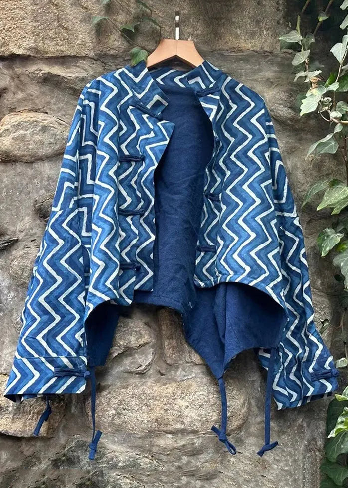 Blue Button Print Patchwork Cotton Coat Fall
