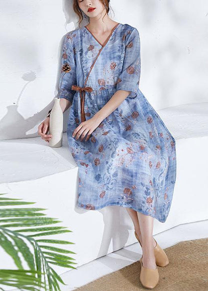 Modern Blue Tie Waist Patchwork Print Summer Ramie Dress Half Sleeve
