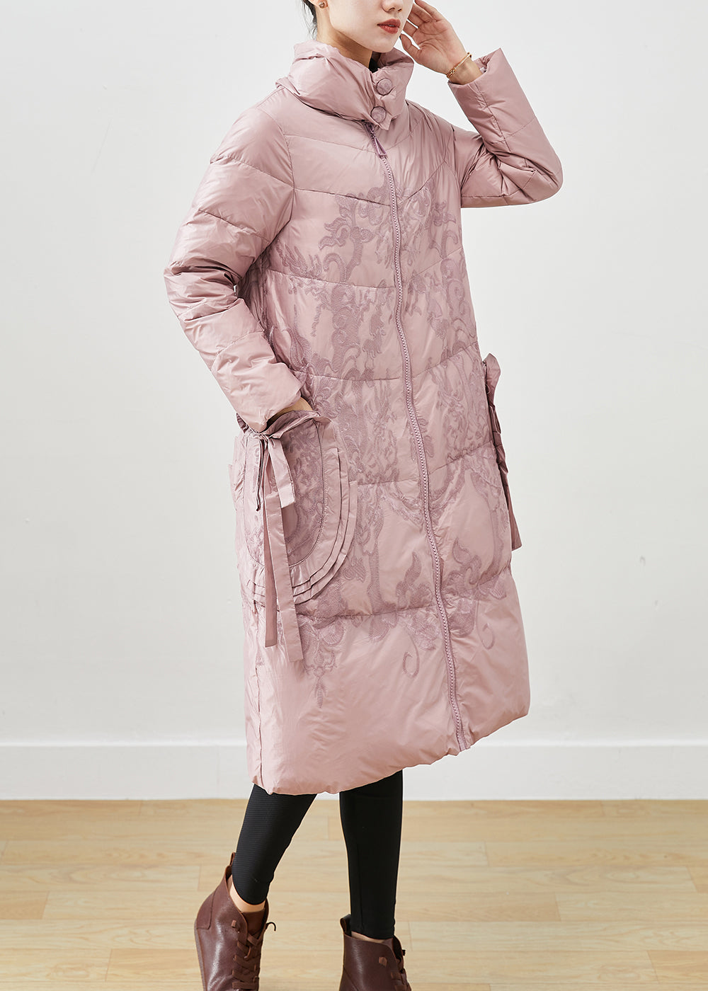 Art Pink Embroideried Bow Thick Duck Down Puffers Jackets Winter