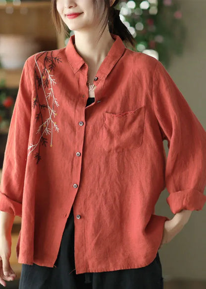 Black Peter Pan Collar Embroideried Linen Blouse Spring