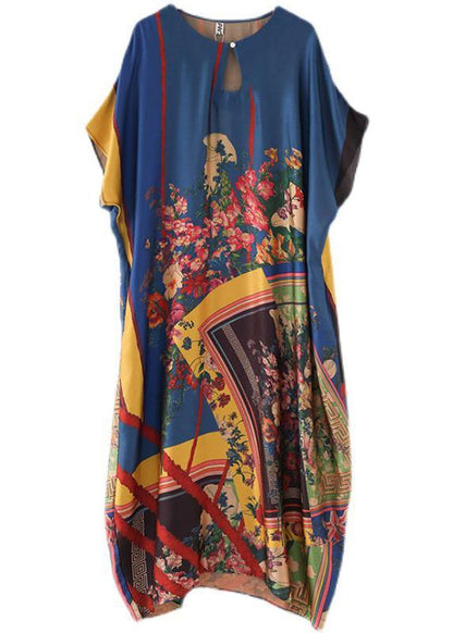 Art Blue Print Loose Asymmetrical Design Vacation Summer Chiffon Dress