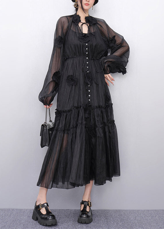Black Stand Collar Ruffled Chiffon Long Dresses Fall