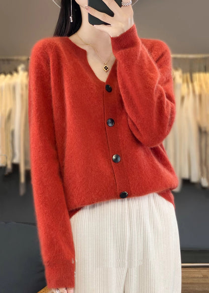 Simple Camel V Neck Button Cashmere Cardigan Long Sleeve