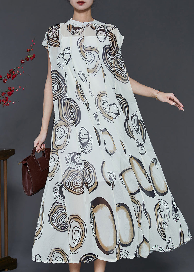 White Stand Collar Print Chiffon Holiday Dress Two Piece Set Summer