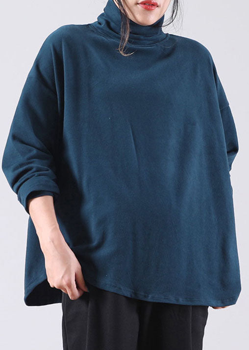 French Blue Turtle Neck Cotton Pullover Street Wear Spring