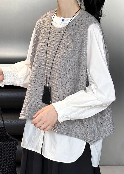 Grey O Neck Hollow Out Knit Vest Sleeveless
