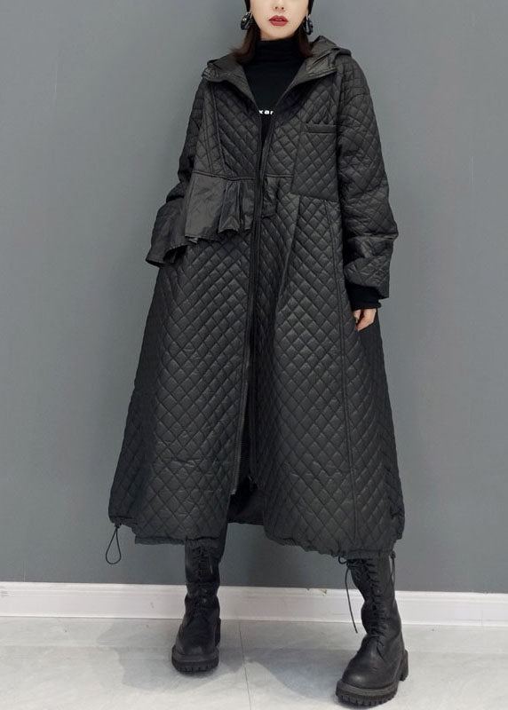 Black Hooded Pockets Fine Cotton Filled Witner Coat Winter