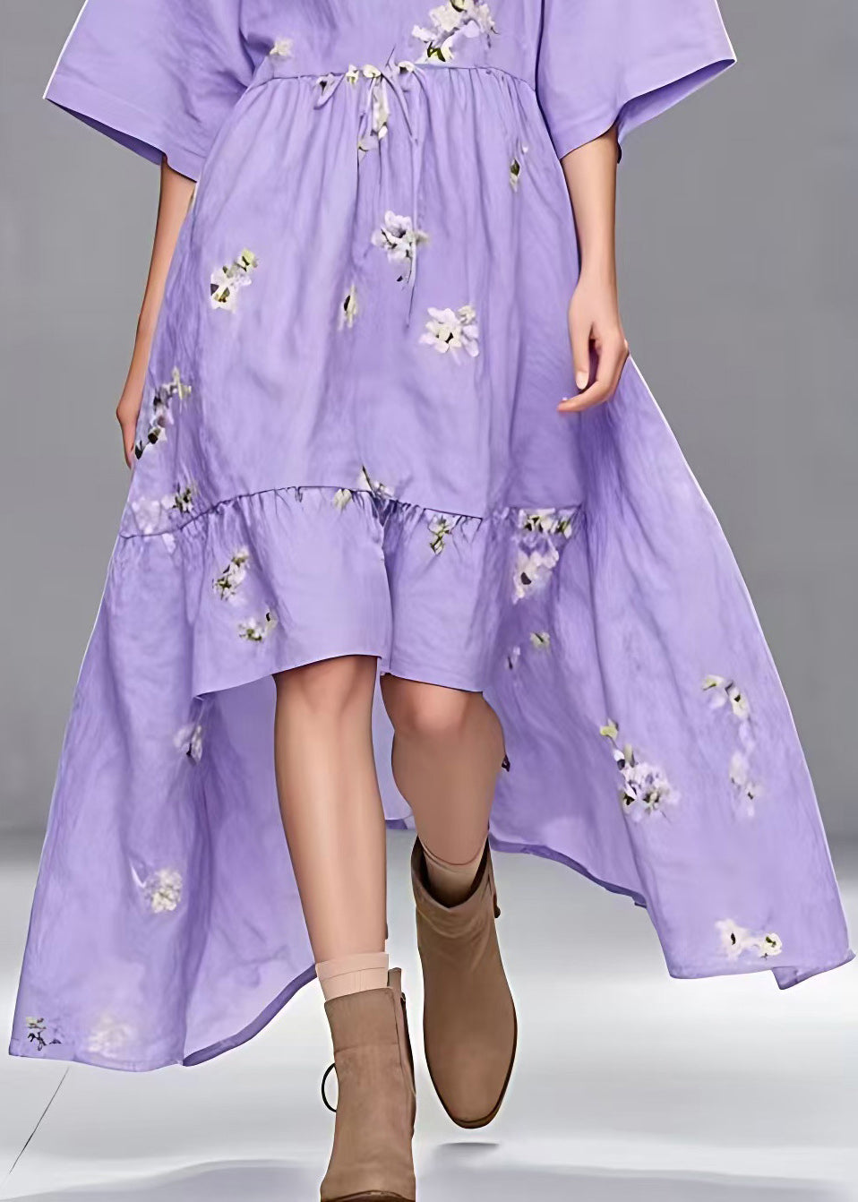 Stylish Purple O-neck Tie Waist Low High Design Maxi Dresses Fall