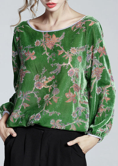 Green O-neck Print Velour Top Spring