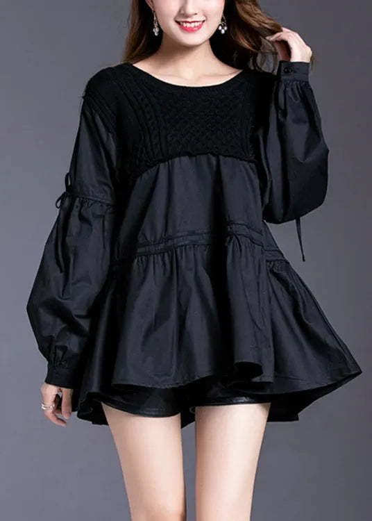 Black Asymmetrical Patchwork Cotton Tops Spring
