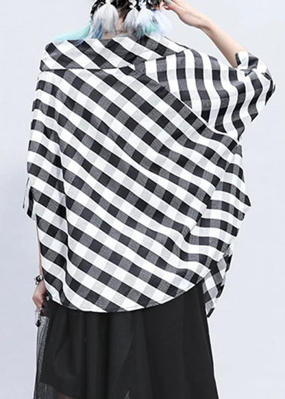Plaid Stand Collar Asymmetrical Patchwork Button Linen Tops Batwing Sleeve