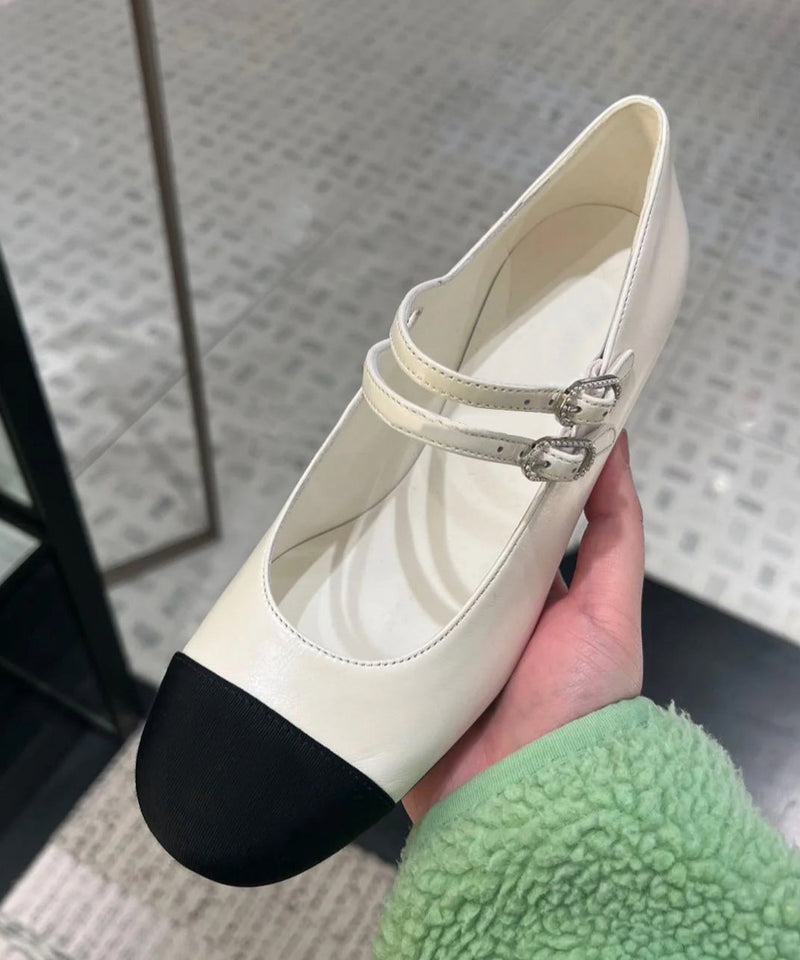 Beige Cowhide Leather Flat Feet Shoes Splicing Buckle Strap
