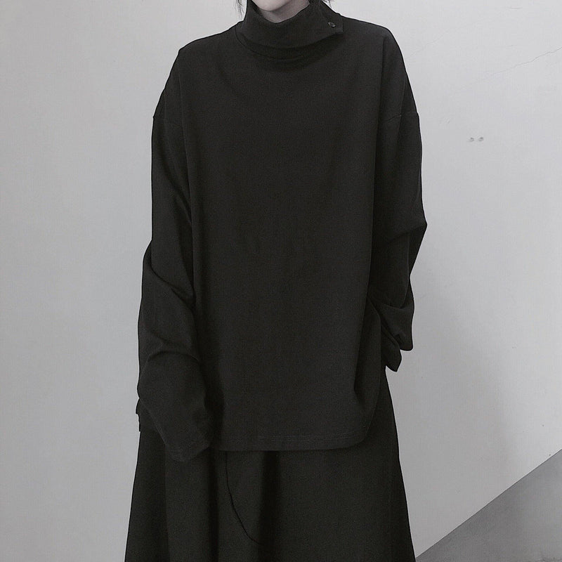 Italian High Neck Asymmetric Tops Blouses Fabrics Black Blouses