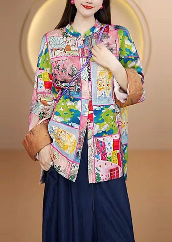 Chinese Style O-neck Print Loose Silk Coat Fall
