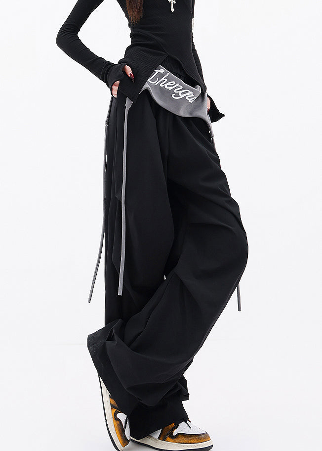 Black Pockets Wrinkled Cotton Wide Leg Pants Fall