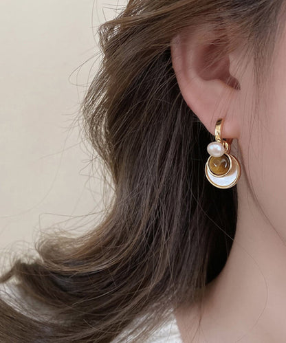 New Brown Copper Overgild Tiger Eye Stone Shell Glass Hoop Earrings