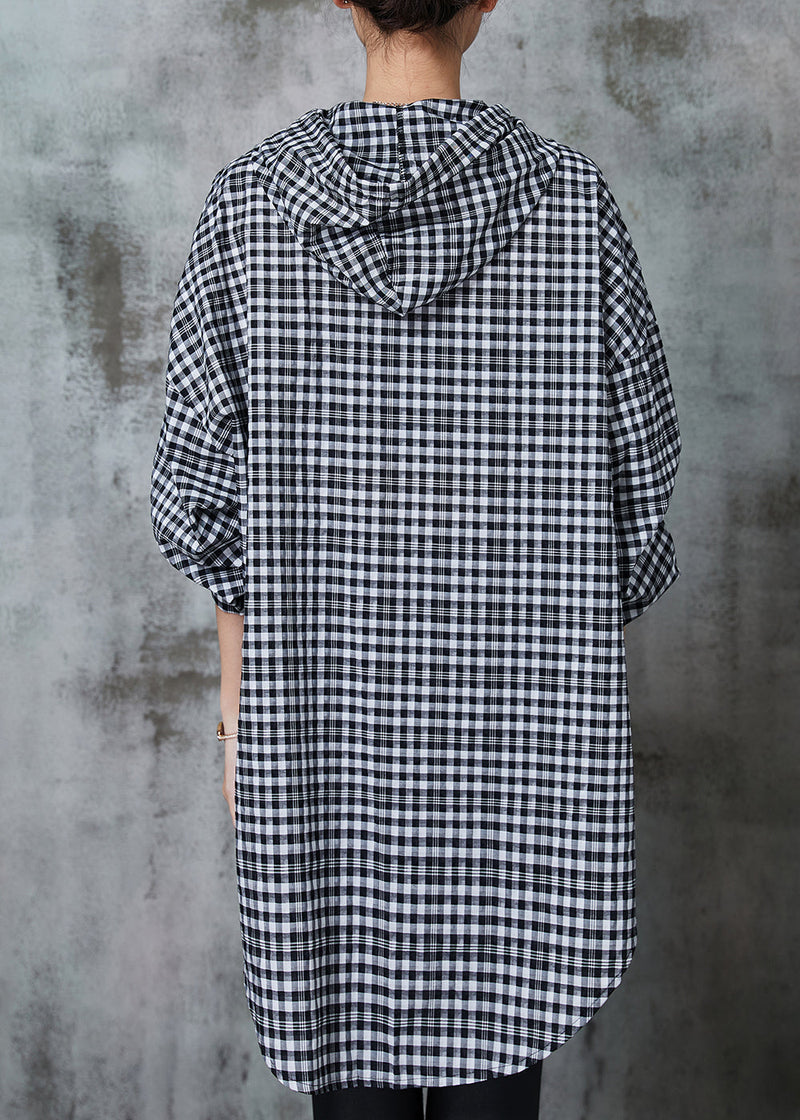 Grey Hooded Plaid Linen Long Shirt Summer