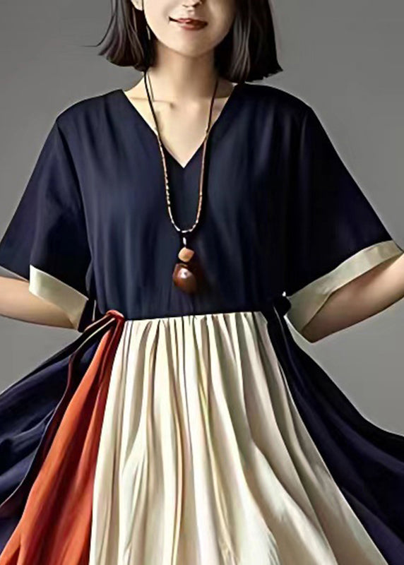 Navy Cinched Patchwork Cotton Holiday Dress Summer