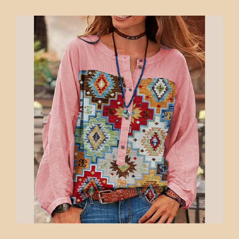 Blue O-neck Button Print Top Long Sleeve