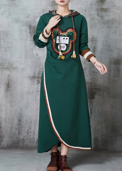 Green Bear Sequins Patchwork Cotton Sweatshirt Dress Spring