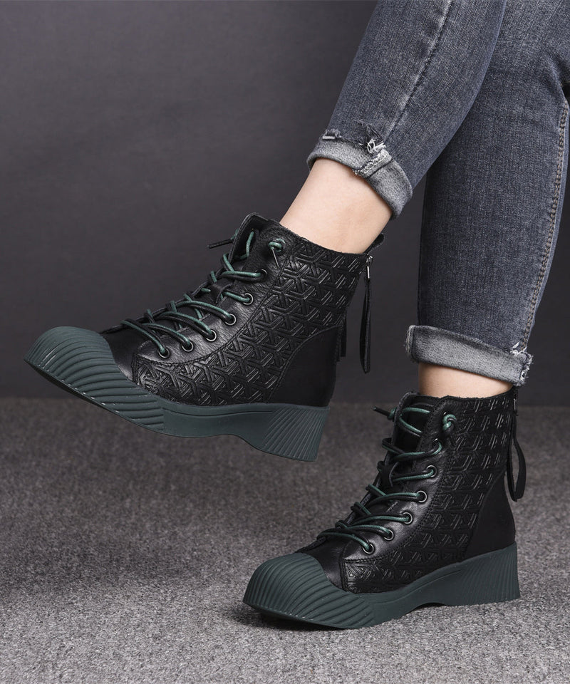 Brown Cowhide Leather Embossed Splicing Lace Up Boots