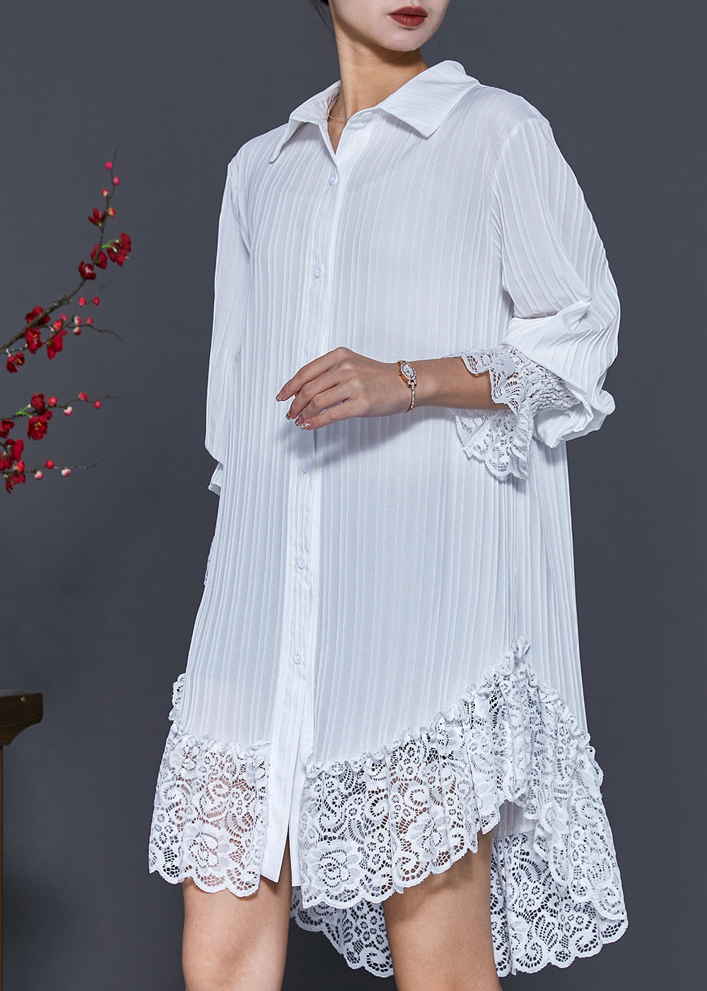 White Lace Patchwork Wrinkled Chiffon Shirt Dress Spring