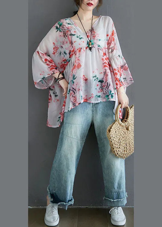 Diy Purple Print Loose Patchwork Asymmetrical Design Fall Blouses Half Sleeve