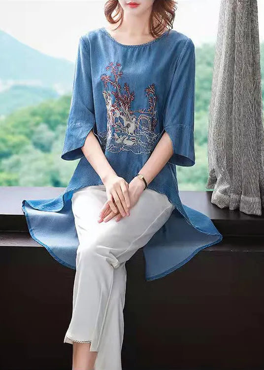 Modern Blue O-neck Side Open Low High Design Embroideried Top Half Sleeve