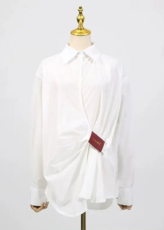 Loose White Peter Pan Collar Wrinkled Cotton Shirt Top Fall
