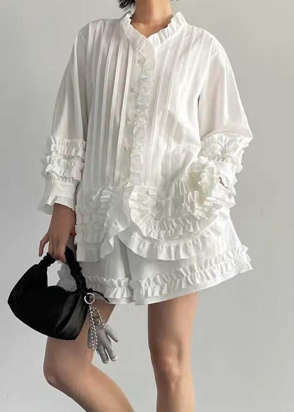 French White Ruffled Shirt and Shorts Cotton Two Piece Set Fall