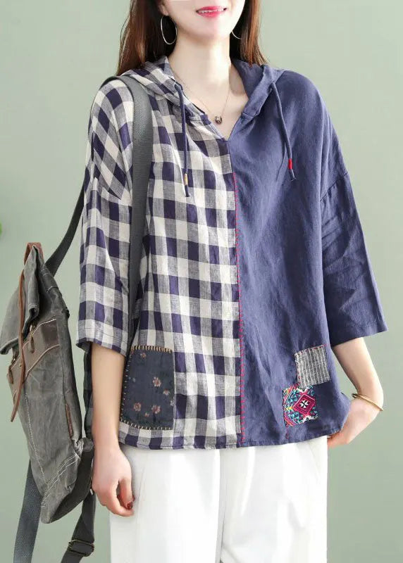 Blue Hooded Plaid Patchwork Drawstring Fall Tops Half Sleeve