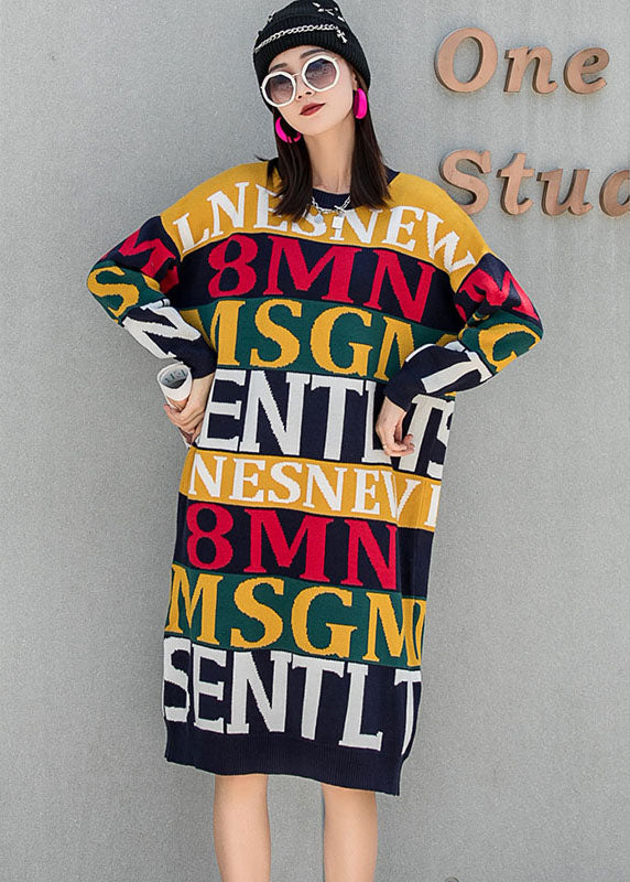 Unique O-neck Loose Graphic Fall Knit Dress Long Sleeve