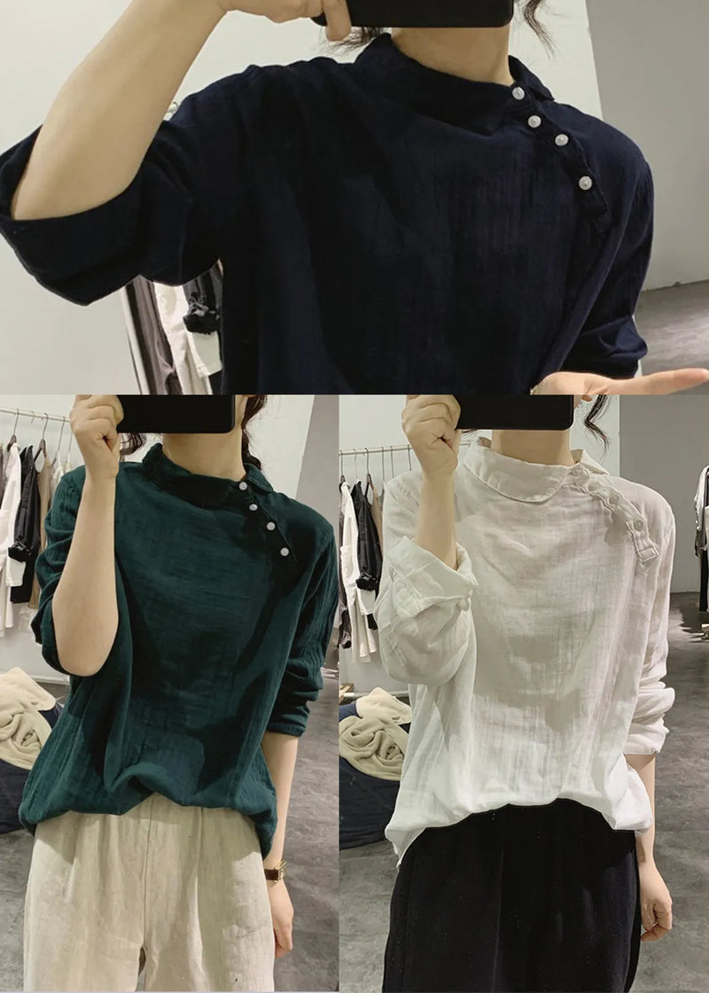 Fine Navy Asymmetrical Stand Collar Cotton Shirts Spring