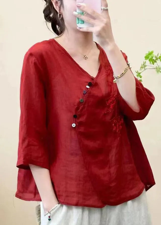 White Embroideried Linen Blouse Top Half Sleeve