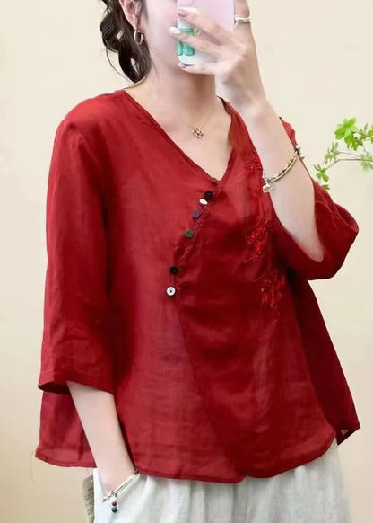 White Embroideried Linen Blouse Top Half Sleeve