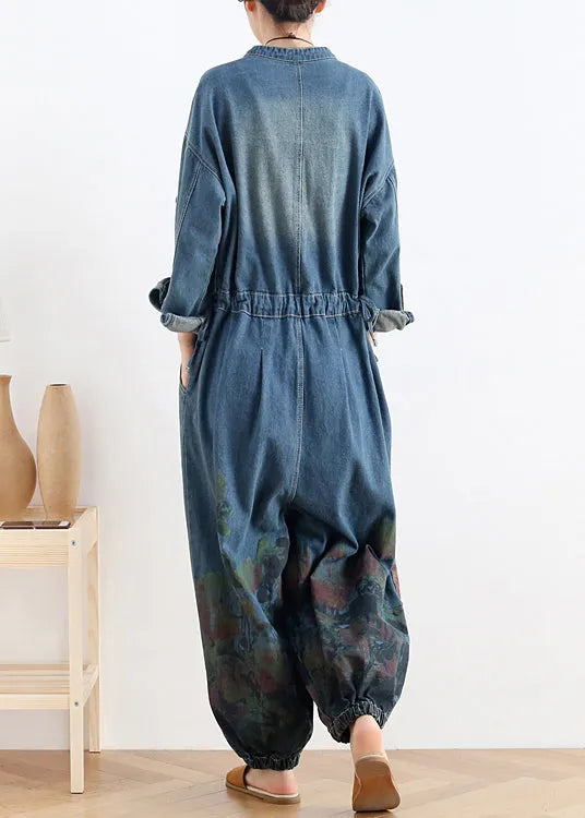 Blue O-neck Button Cotton Denim Jumpsuit Long Sleeve